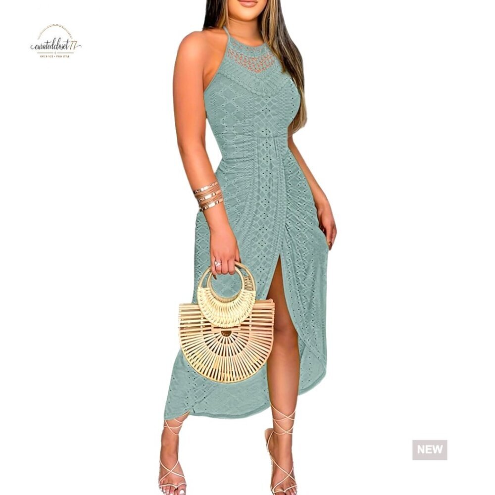 Summer Halter Maxi Dress with Eyelet Embroidery Side Slit A-Line